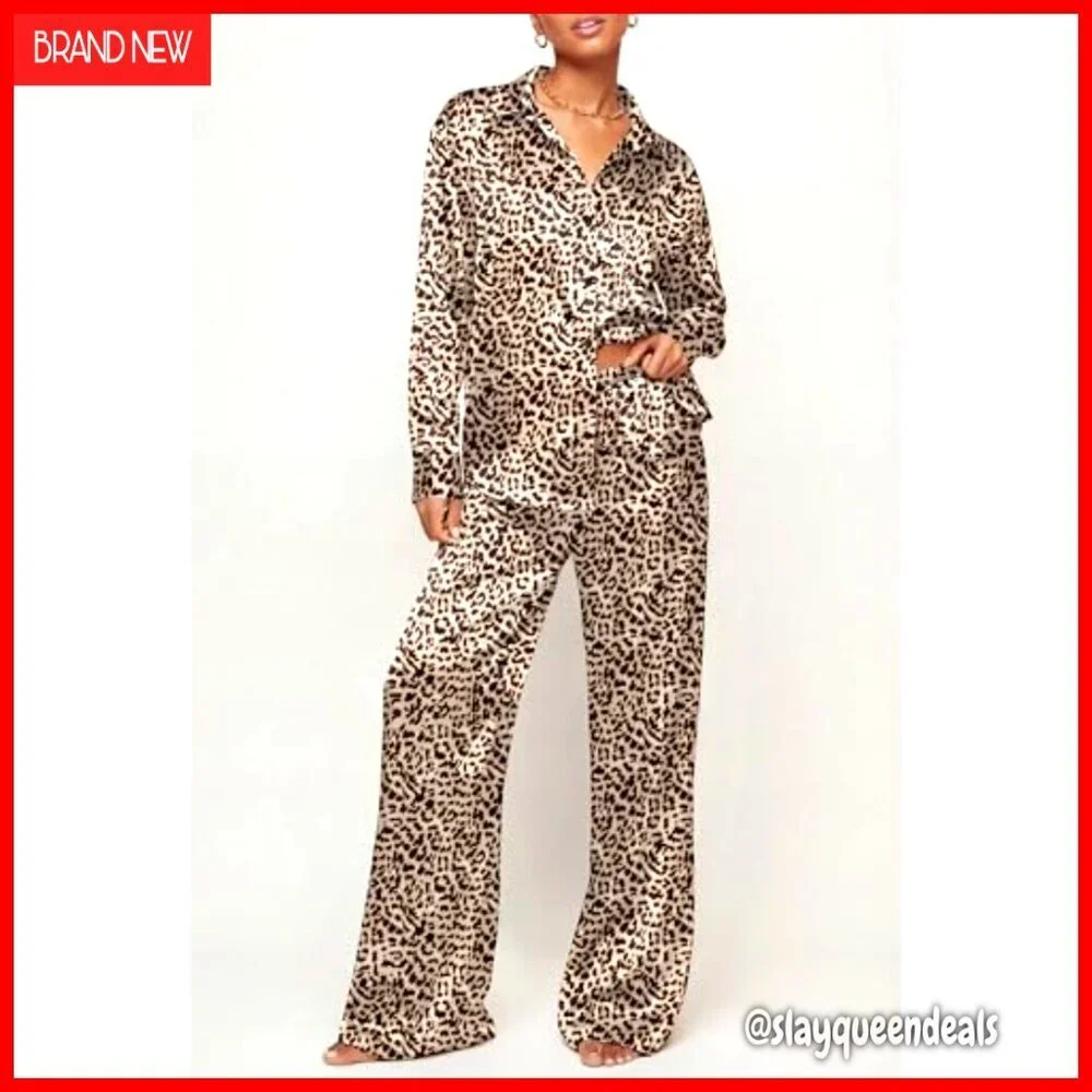 Satin Lounge Set with Pockets, Button-Down Top, Loose Fit, Size Medium